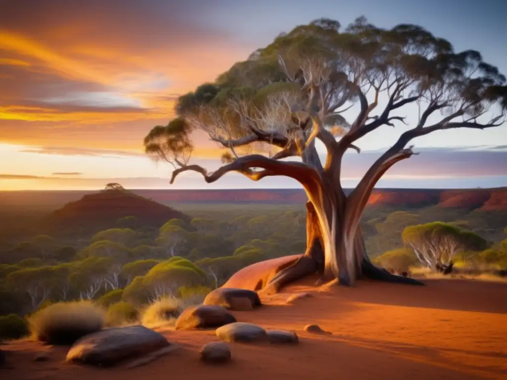 Espíritus antepasados tradición oral Australiana en paisaje sagrado al atardecer