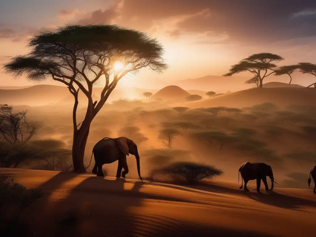 Espíritus guardianes del amor en leyendas africanas: paisaje místico con árbol baobab, ser celestial y atardecer dorado