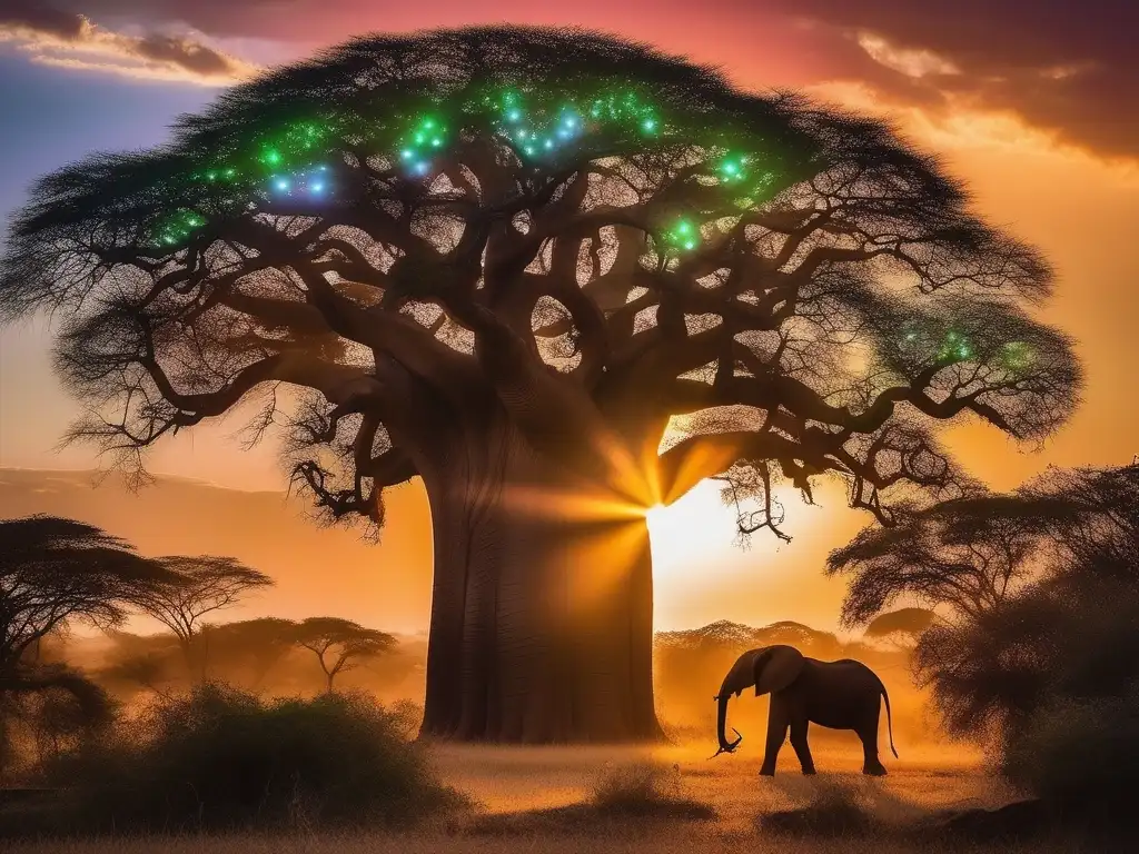 Espíritus de la naturaleza africanos: Baobab majestuoso, orbes luminosos, tribus en reverencia