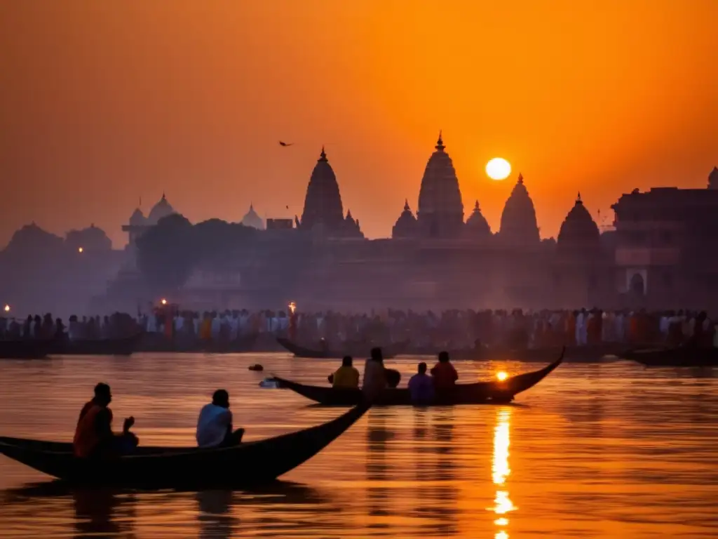 Amanecer majestuoso en Varanasi, India, adoración al dios sol Surya con templos antiguos, ghats y devotos en el río Ganges