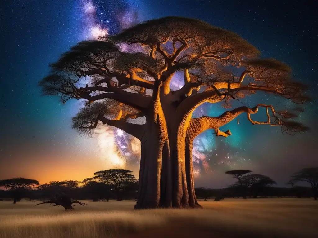 Noche estrellada en la sabana africana con árbol sagrado y divinidades de la mitología africana