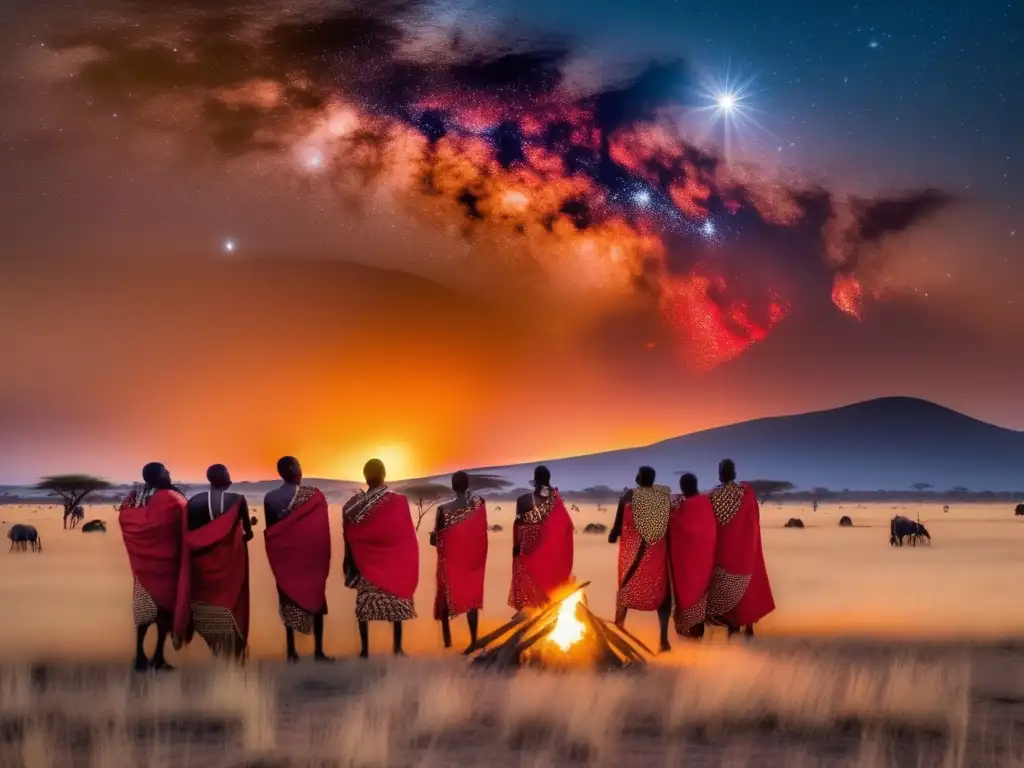 Leyendas Guardianes Fuego Cultura Africana: Noche estrellada sobre la sabana africana, guerreros Maasai alrededor de una fogata