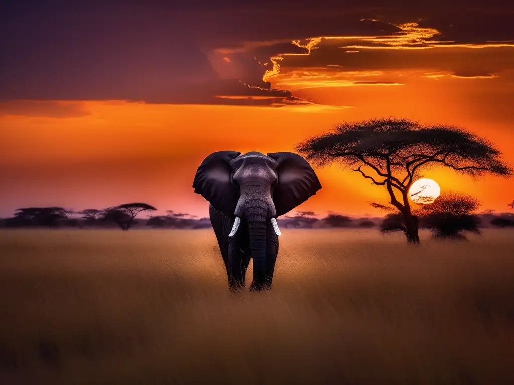 Dios elefante mitología africana al atardecer en la sabana africana, con cielo anaranjado y dorado, elefante en silueta sagrada