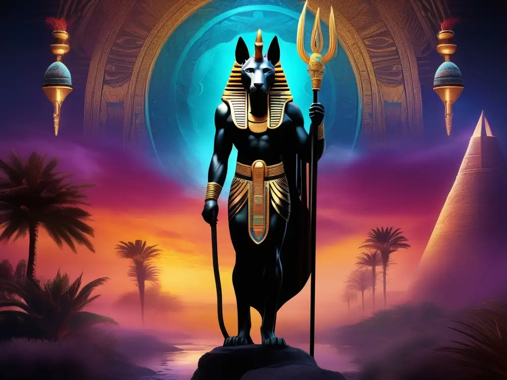 Deidades del inframundo en África: Anubis, Oya y XauTak en un paisaje etéreo y misterioso