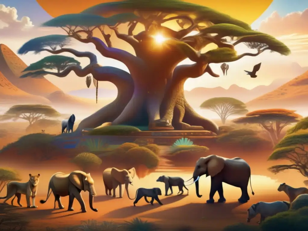 Paisaje etéreo con criaturas ancestrales africanas y arte