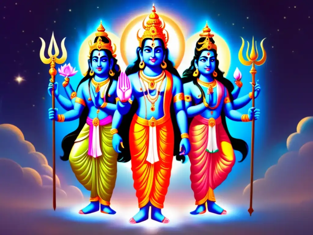 Leyendas mitológicas de la India: Deidades Brahma, Vishnu y Shiva en un reino celestial, con energía cósmica y paisaje celestial impresionante