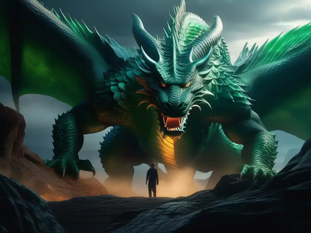 Leyendas de Fafnir, el dragón envenenado en un paisaje mítico lleno de colores etéreos