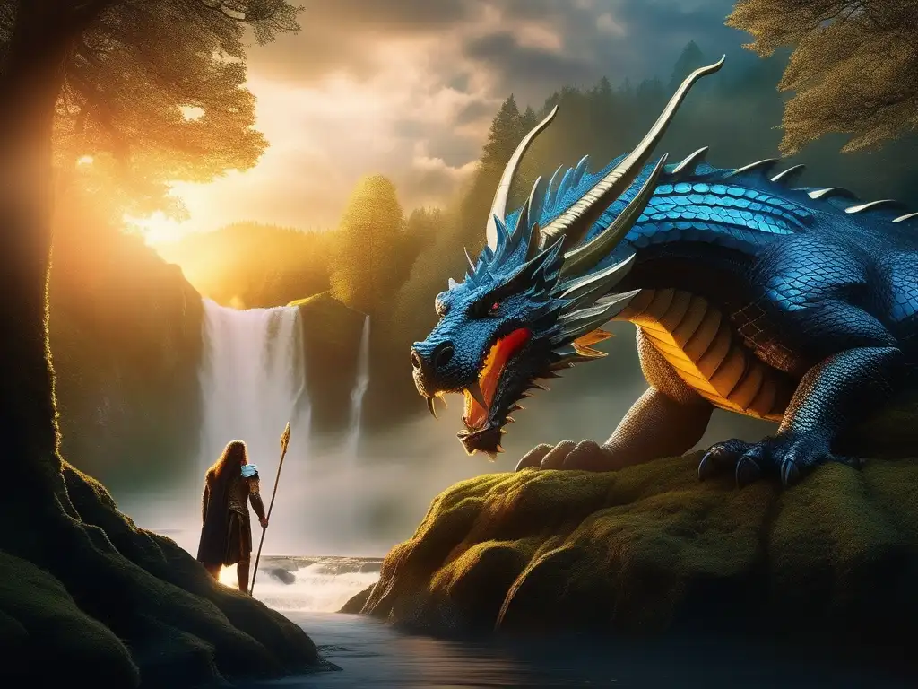 Leyendas de Fafnir, el dragón envenenado en mística transformación en un bosque encantado