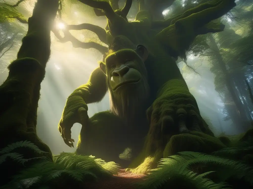 Majestuosa criatura de la selva Poderes sobrenaturales de los trolls en un bosque místico con árboles antiguos, musgo y luz filtrada
