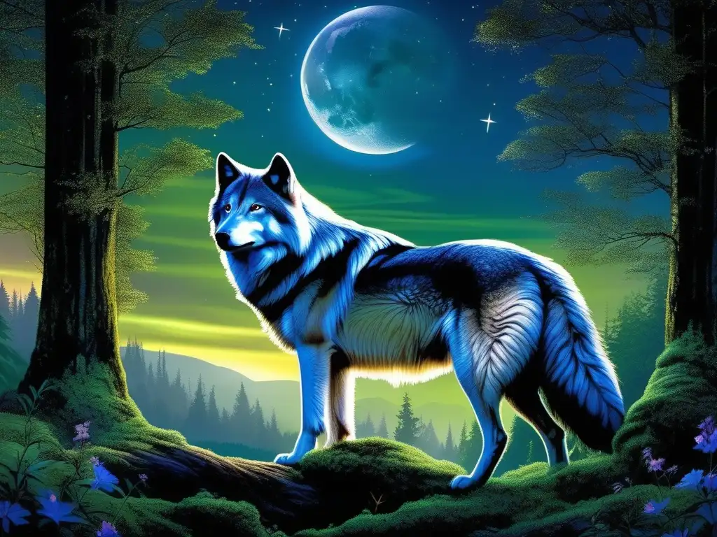 Simbolismo lobo luna bosque mágico fantasía