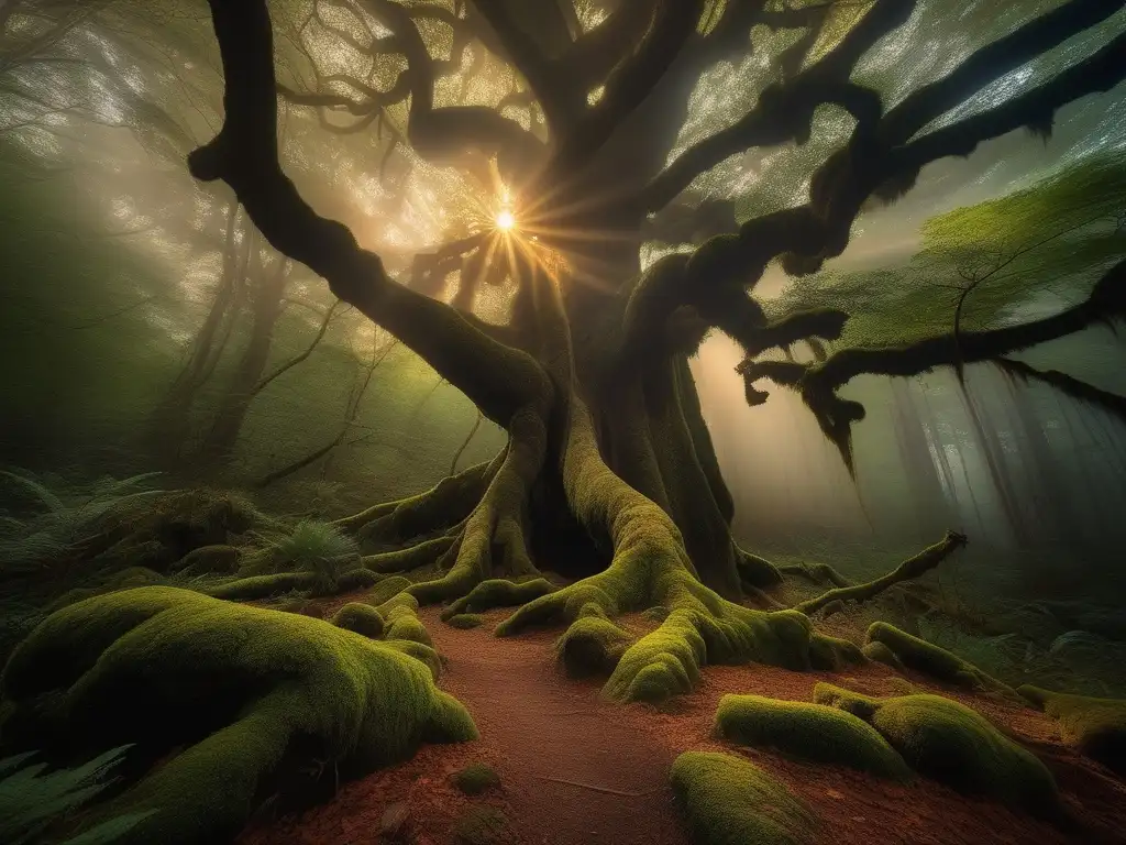 Bosque mágico al atardecer, árbol majestuoso y cubierto de musgo, luz dorada entre las ramas, niebla y siluetas de trolls