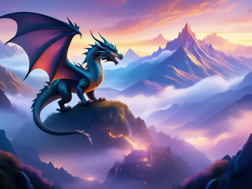 Dragones en la ciencia ficción: Explorando mundos fantásticos - Imagen de paisaje místico con un majestuoso dragón volando