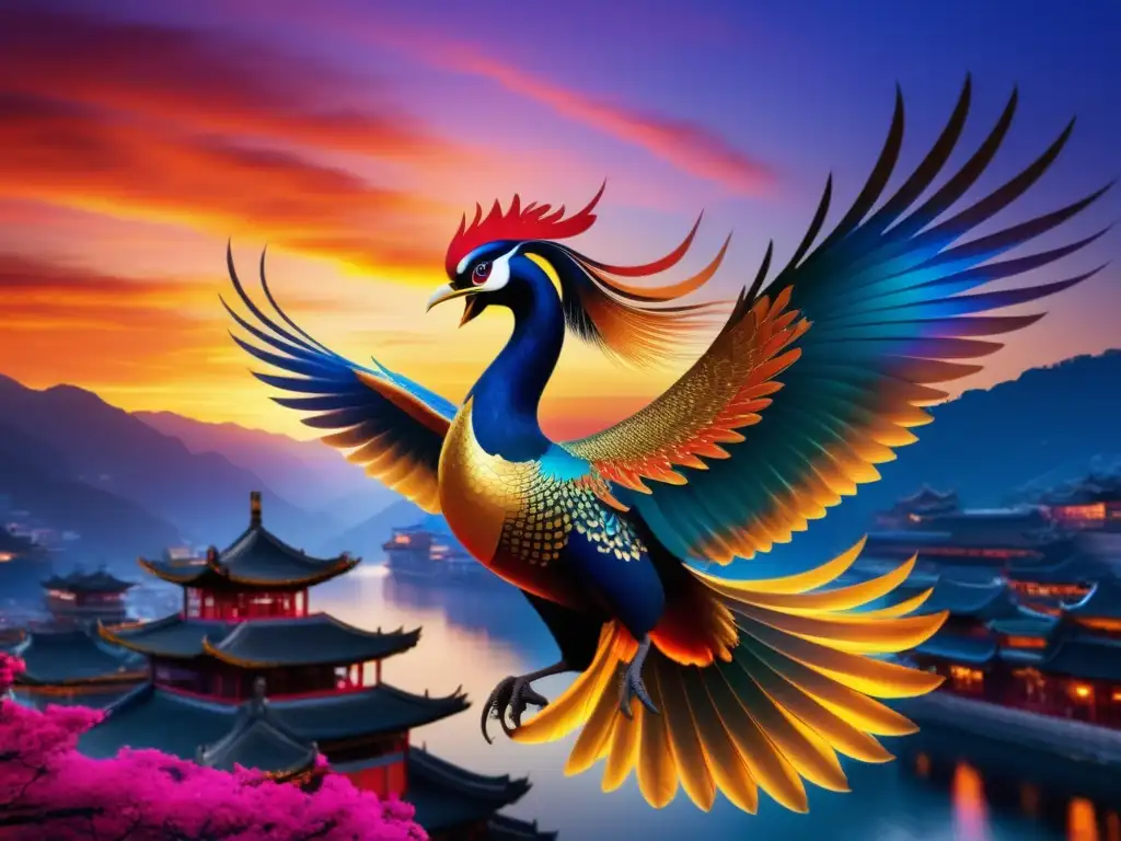 Imagen de un majestuoso Fenghuang, ave mítica china, en vuelo con plumaje resplandeciente y colores iridiscentes