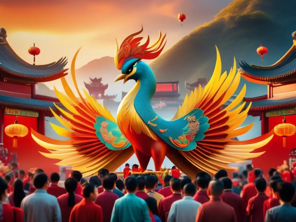 Significado simbólico del Fénix en China: imagen de escultura de fénix rodeada de gente en festival, con lanternas y colores vibrantes