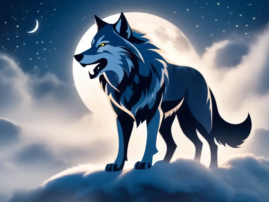 Fenrir, la bestia de la mitología nórdica, emerge en la neblina y el cielo iluminado por la luna