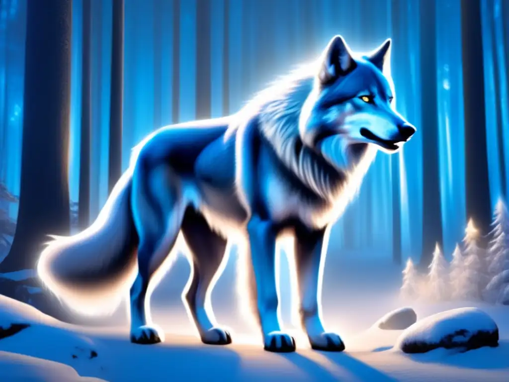 Fenrir mitología nórdica forma mística bosque niebla brillo ojos azules misterioso transformación