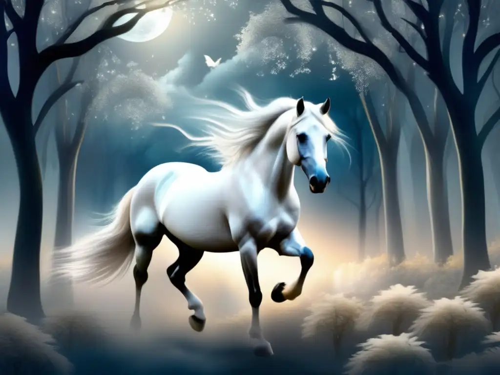 Origen mitológico de Pegaso en un bosque lunar místico con un majestuoso caballo alado