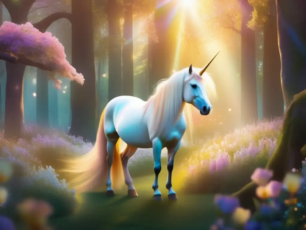 Unicornio místico en un bosque encantado, con flores vibrantes y luz dorada - Origen y mitos de los unicornios