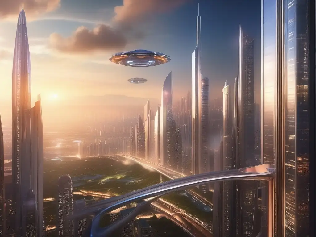 Ciudad futurista y seres de ciencia ficción Seres futuristas en la ciencia ficción: metrópolis, vehículos voladores, replicantes, cyborgs y extraterrestres