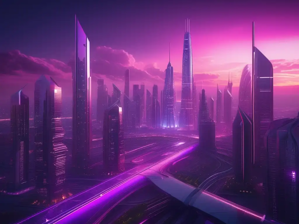 Futuroso paisaje urbano al atardecer con seres etéreos Seres futuristas en la ciencia ficción en una ciudad futurista al atardecer