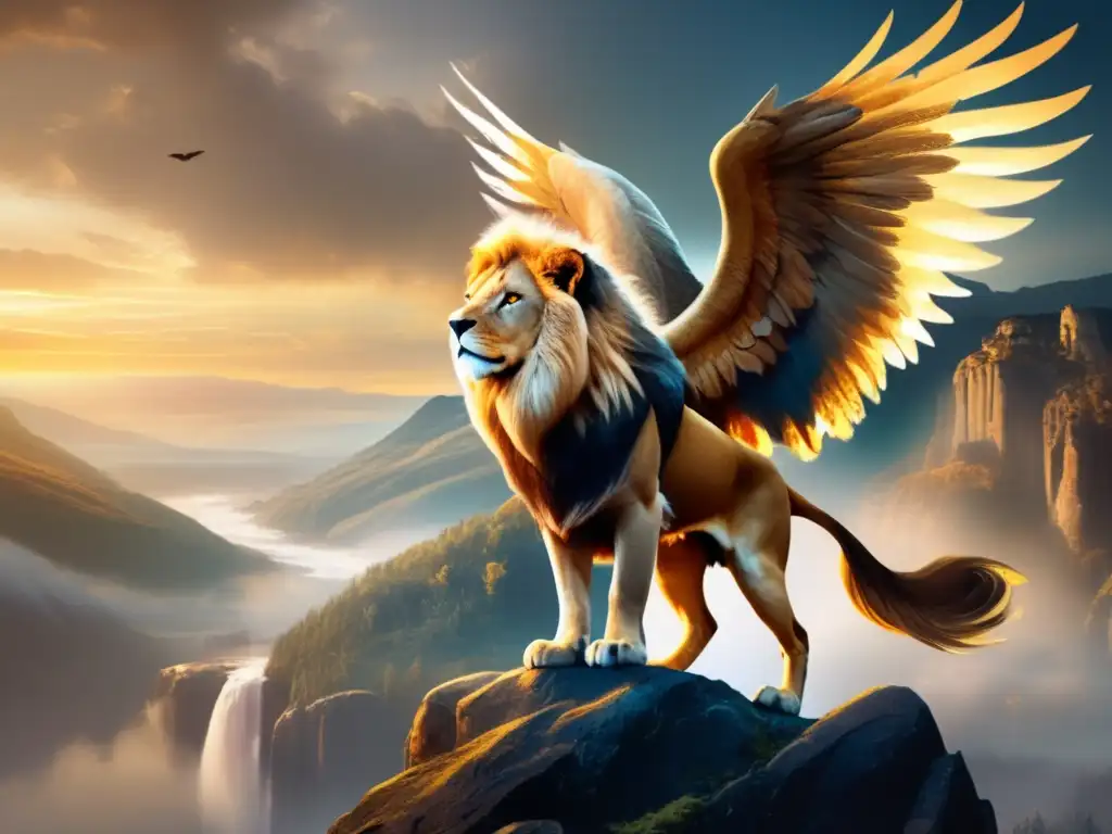 Griffin místico con cuerpo de león y alas de águila en paisaje mítico fusionado de Marvel y DC