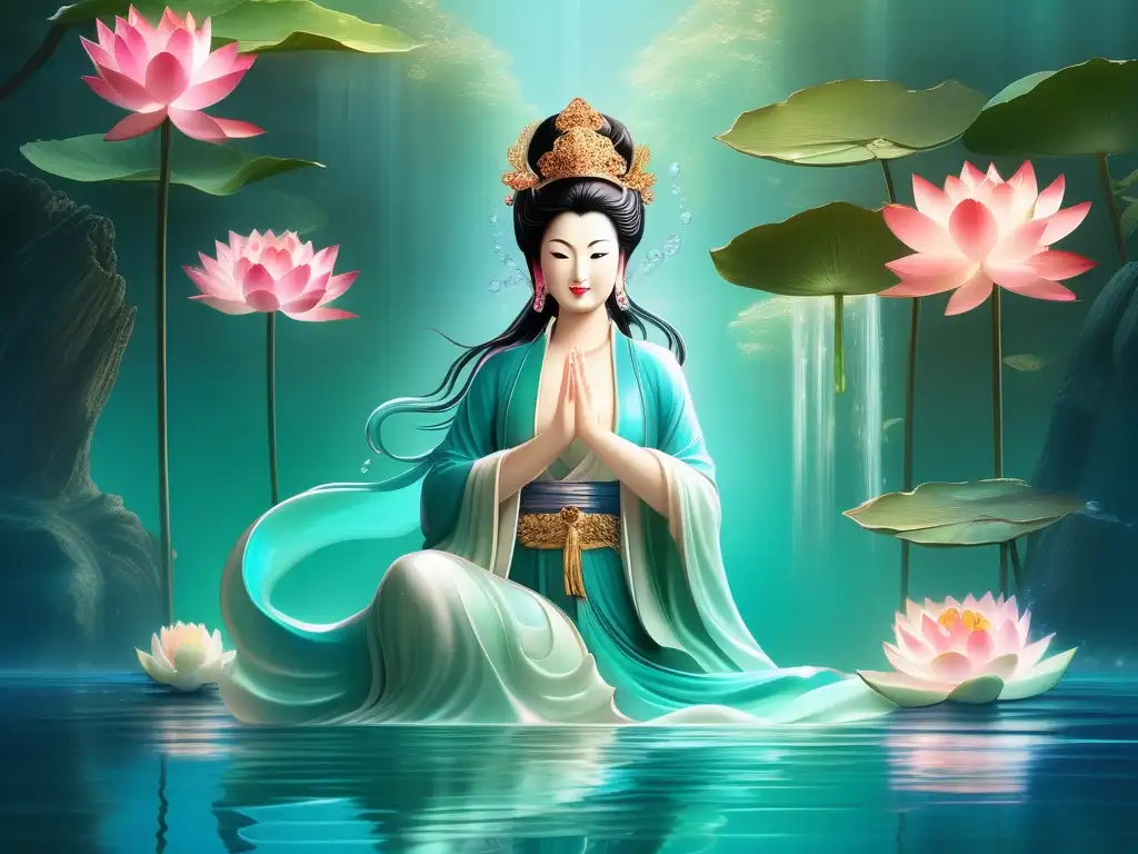 Diosa del agua Guanyin: imagen mitológica china de gran belleza, con agua turquesa y marineros buscando ayuda