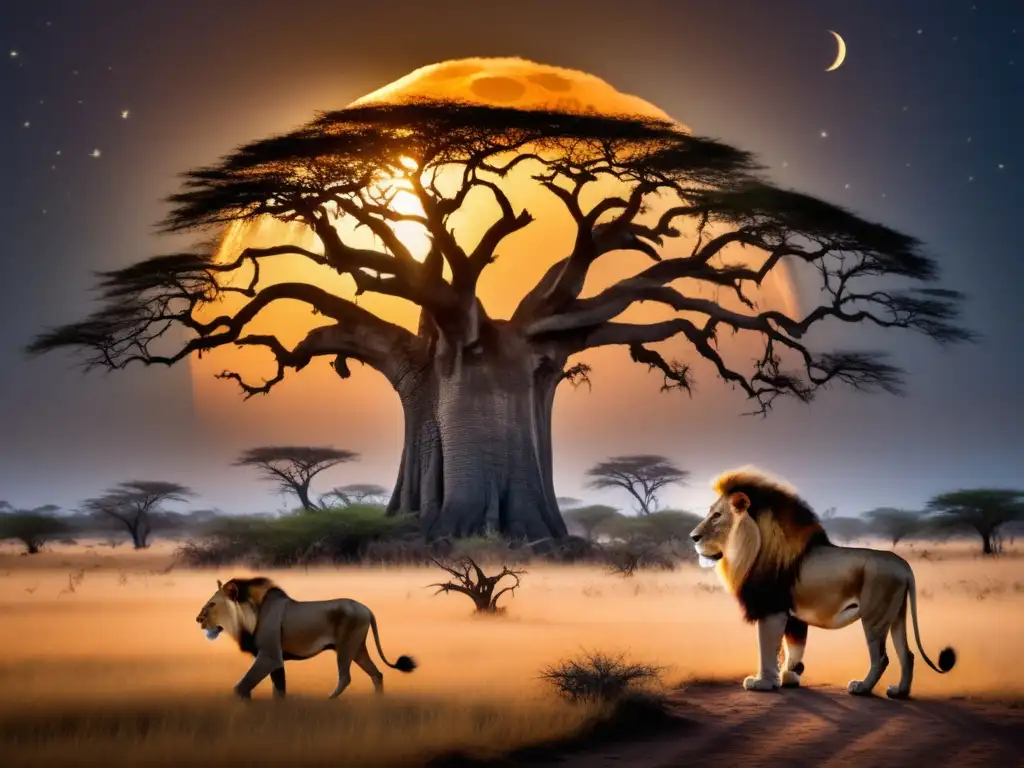 Criaturas mitológicas africanas ancestrales en mágico paisaje de savannah iluminado por la luna, con León de Nubia