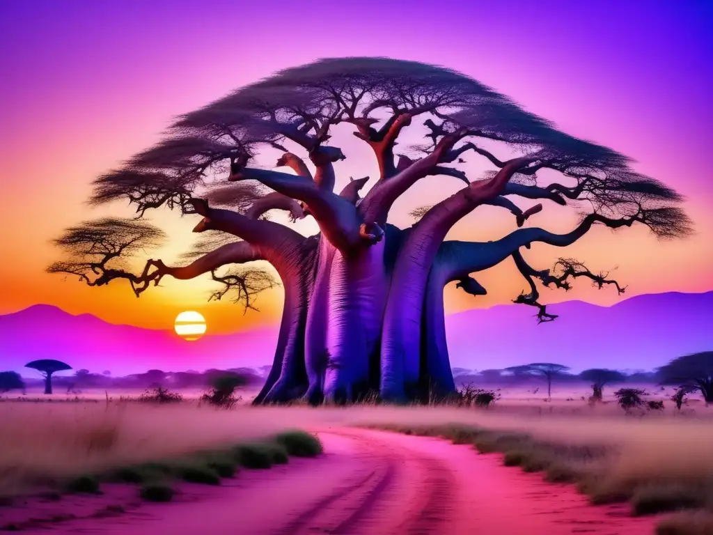 Paisaje africano al atardecer con árbol baobab, guardianes de la naturaleza en la mitología africana