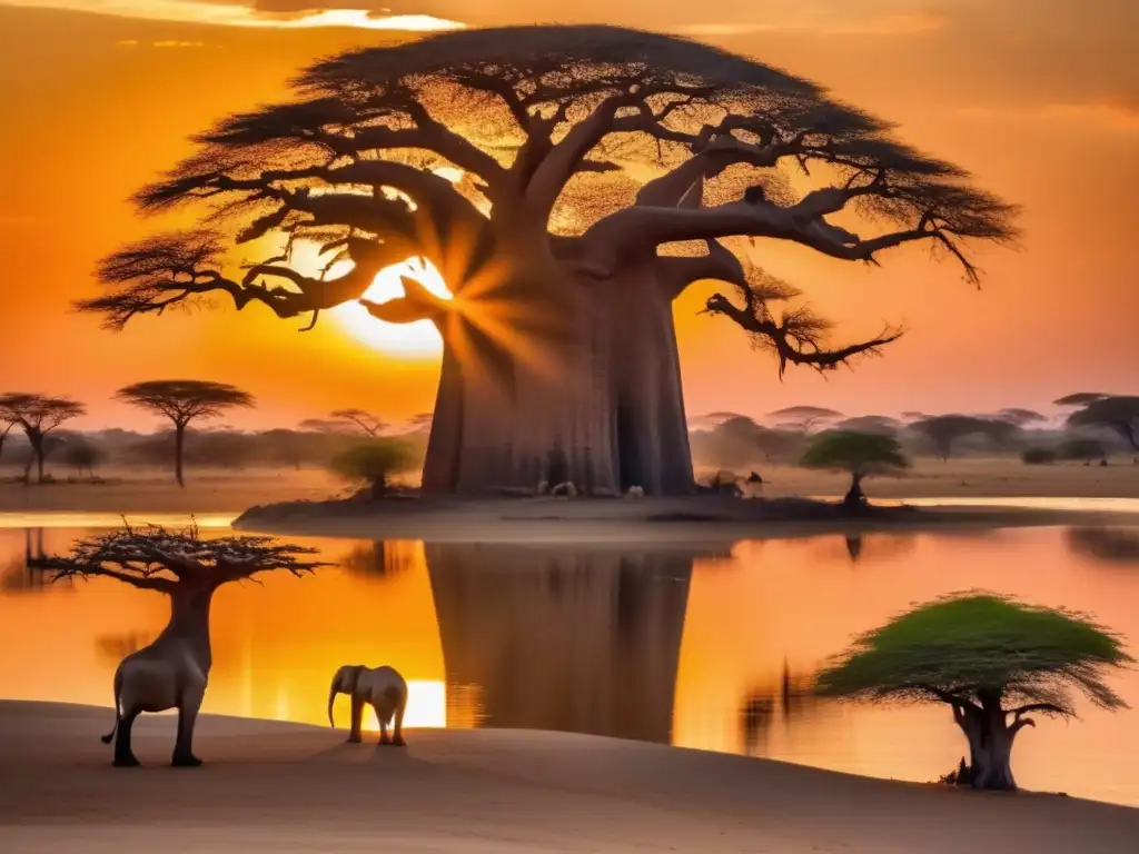 Paisaje africano con árbol Baobab y protectores viajeros de mitología africana