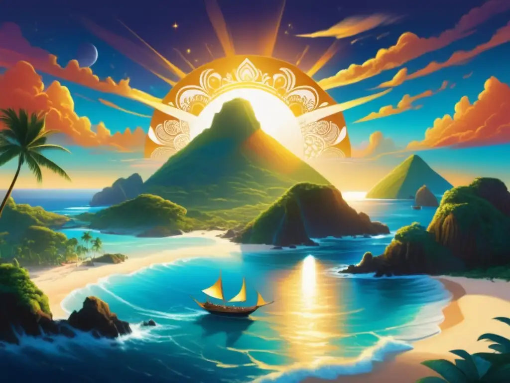Paraíso mítico de los Guardianes de las Islas Guardianes de las Islas en Oceanía: escena celestial con islas, sol radiante, seres míticos y arrecifes vibrantes