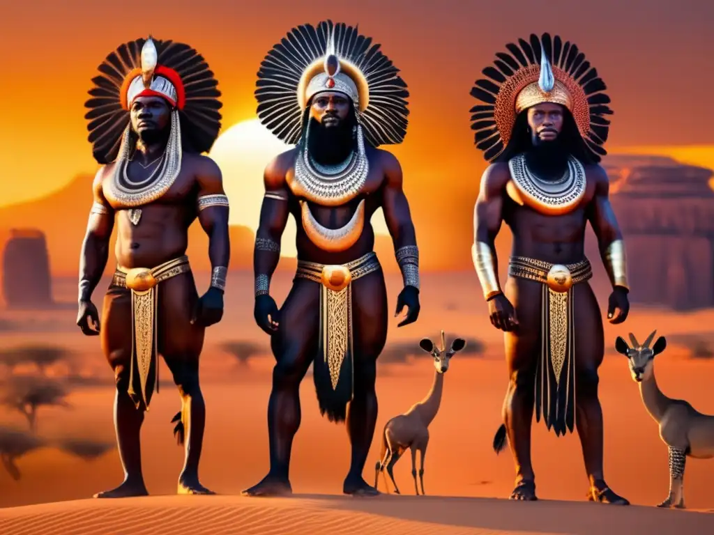 Criaturas mitológicas africanas: Guardianes del Desierto en un paisaje místico donde la luz dorada destaca su presencia mágica