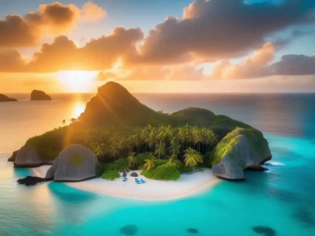 Guardianes de las Islas iluminados en el océano Guardianes de Islas en Oceanía, escena mágica de protectores místicos en un atardecer dorado sobre el mar