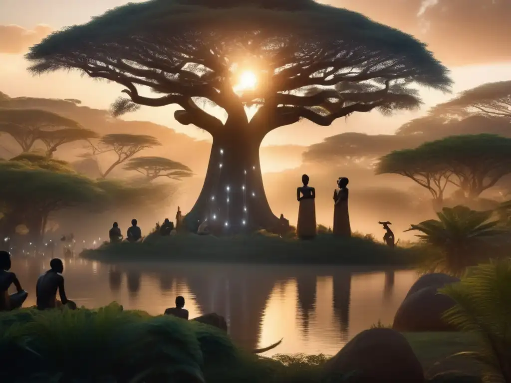 Espíritus naturaleza guardianes silenciosos mitología Africana en misterioso bosque al atardecer