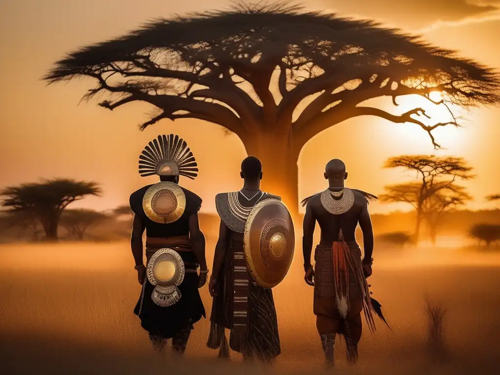 Influencia protectores guerreros tribus africanas en escena etérea y cautivadora de la savana con baobabs majestuosos