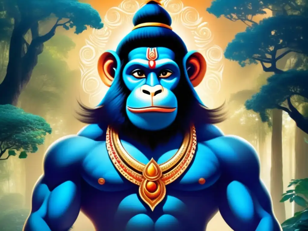 Hanuman, el Dios Mono de la Mitología Hindú, en un bosque místico: poder, sabiduría y gracia