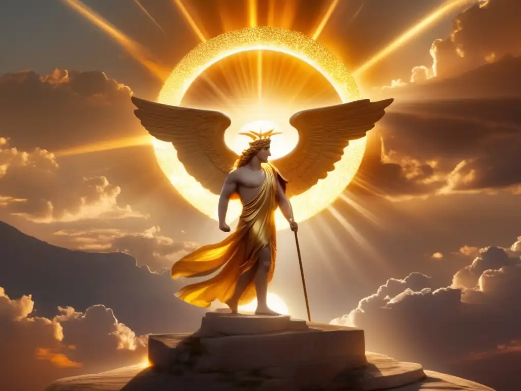 Helios, el dios sol de la mitología griega, en un paisaje celestial dorado