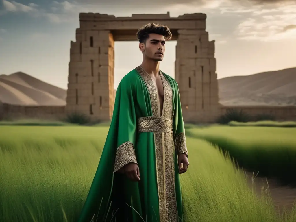 Influencia de Gilgamesh en moda masculina: Modelo moderno en atuendo fusionado de Mesopotamia antigua y contemporánea, rodeado de ruinas de Uruk