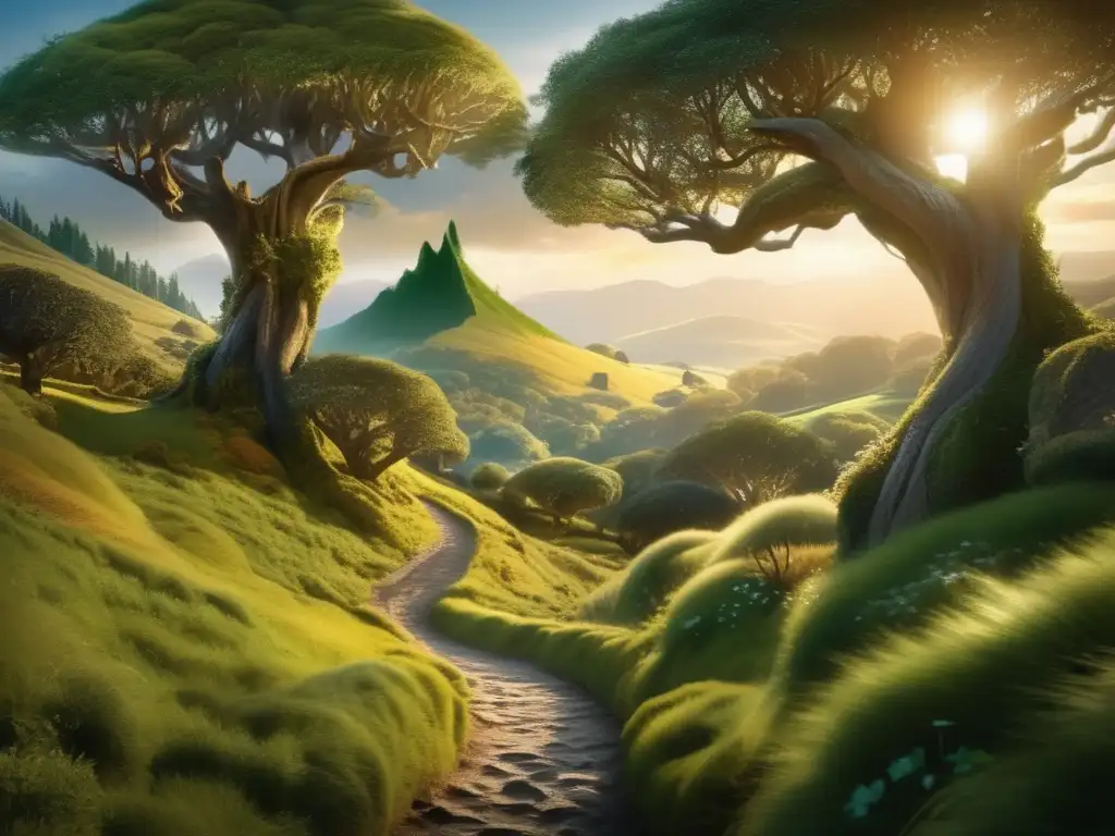 Épica travesía de los hobbits en Middleearth Criaturas míticas en el Señor de los Anillos: Hermoso paisaje con hobbits y naturaleza mágica