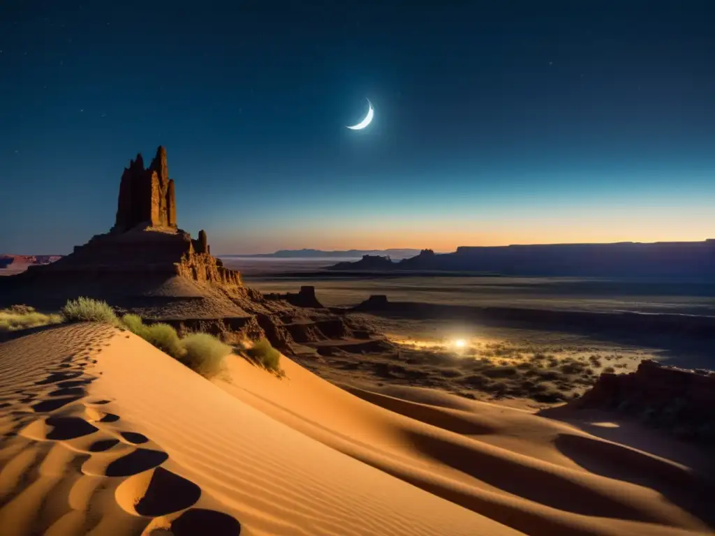 Criaturas míticas tribu Hopi misteriosas, paisaje lunar nocturno con hombre lagarto y sabiduría ancestral