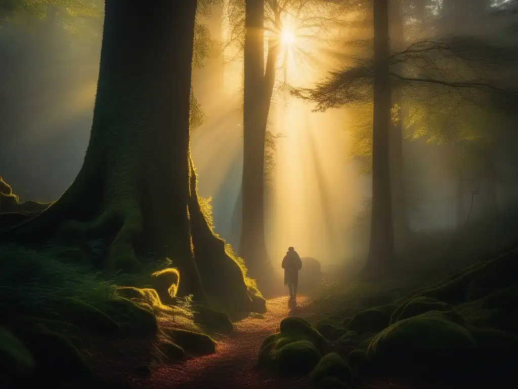 Hombre oso mítico en bosque nórdico al atardecer