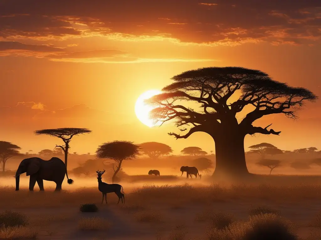 Criaturas mitológicas africanas en una savannah con un majestuoso Baobab y un arcoiris colosal