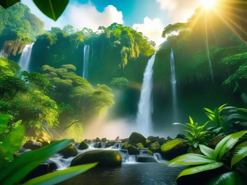 Espíritus de la selva en mitología americana: majestuosa imagen 8k de la selva amazónica, vida exuberante, cascada mística, mariposas iridiscentes