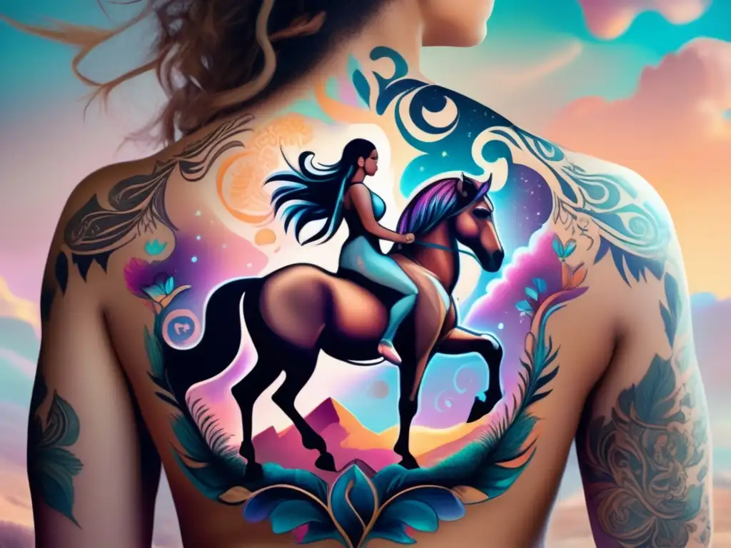 Persona con tatuaje de centauro rodeada de elementos oníricos Tatuaje de centauro: significado y diseño
