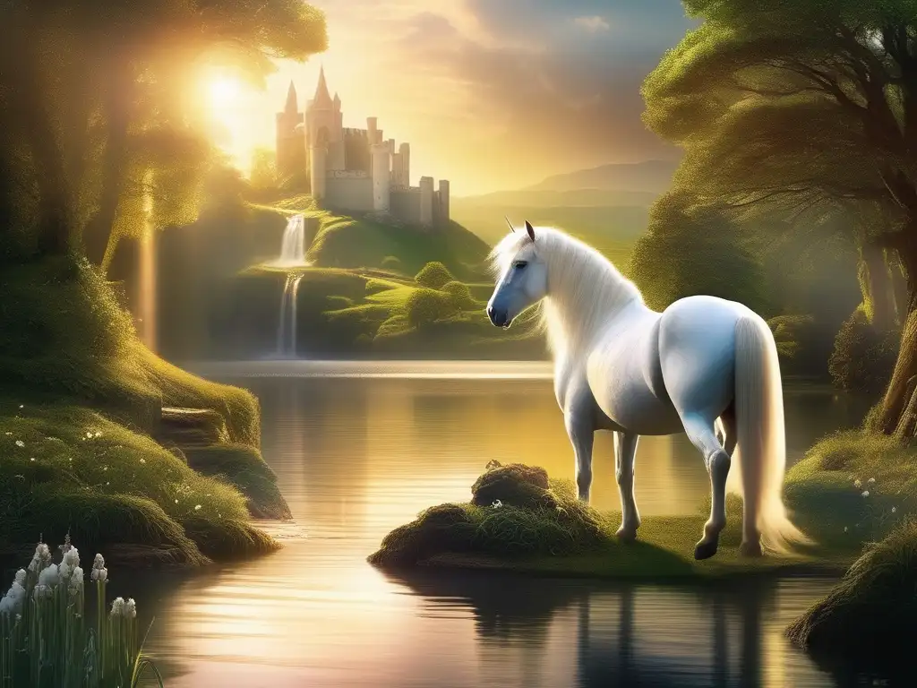 Imagen fascinante de Avalon, la isla mítica de King Arthur, con lago sereno, unicornio blanco y castillo