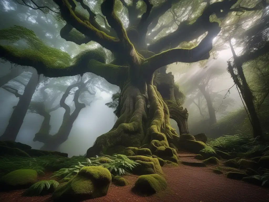 Influencia gigantes cultura europea en un bosque místico con estatua de piedra y encanto etéreo