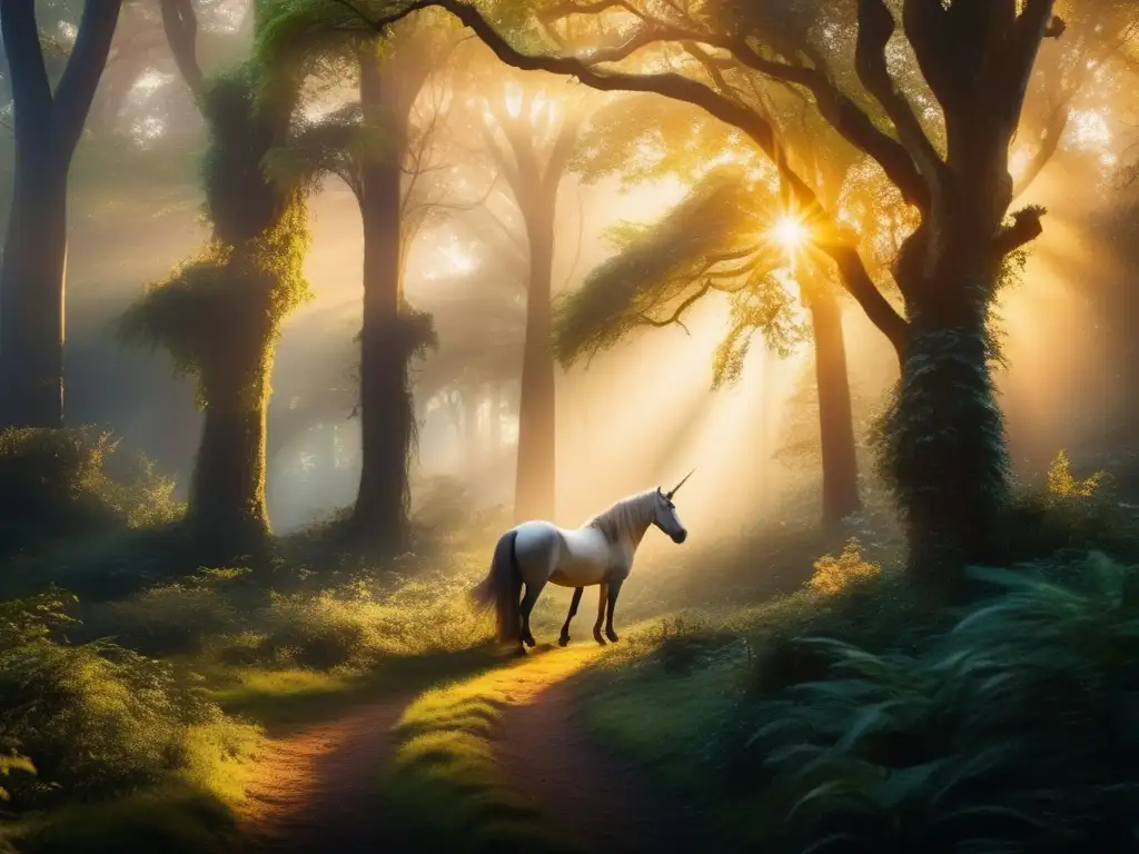 Bosque encantado al atardecer con criaturas míticas, influencia de deidades en el comportamiento de seres mágicos