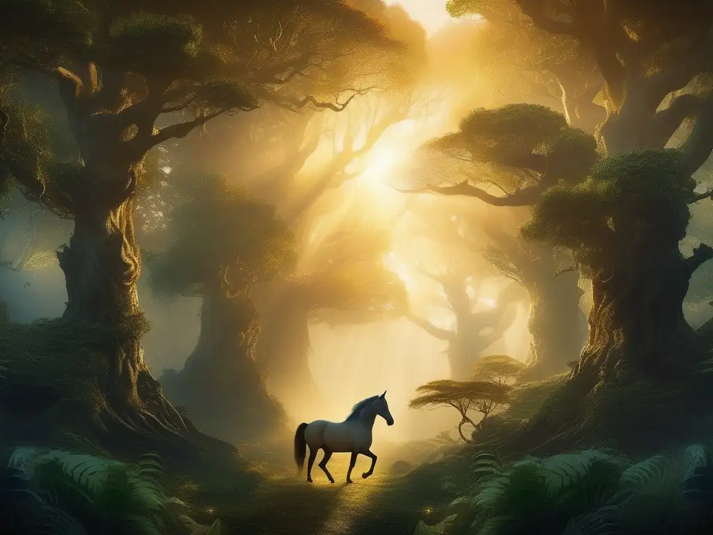 Bosque místico con criaturas míticas Criaturas mitológicas en un bosque etéreo, influencia en Star Wars