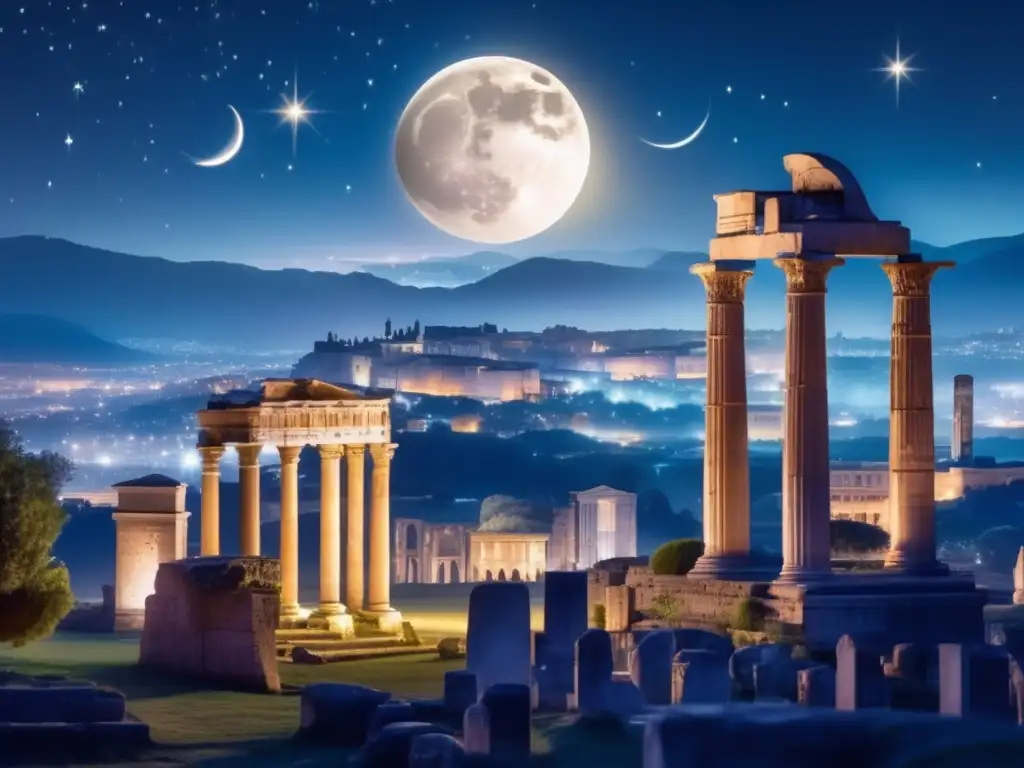 Presencia dioses romanos en serie TV, paisaje etéreo con ruinas romanas y ciudad moderna bajo la luna crescente y estrellas titilantes