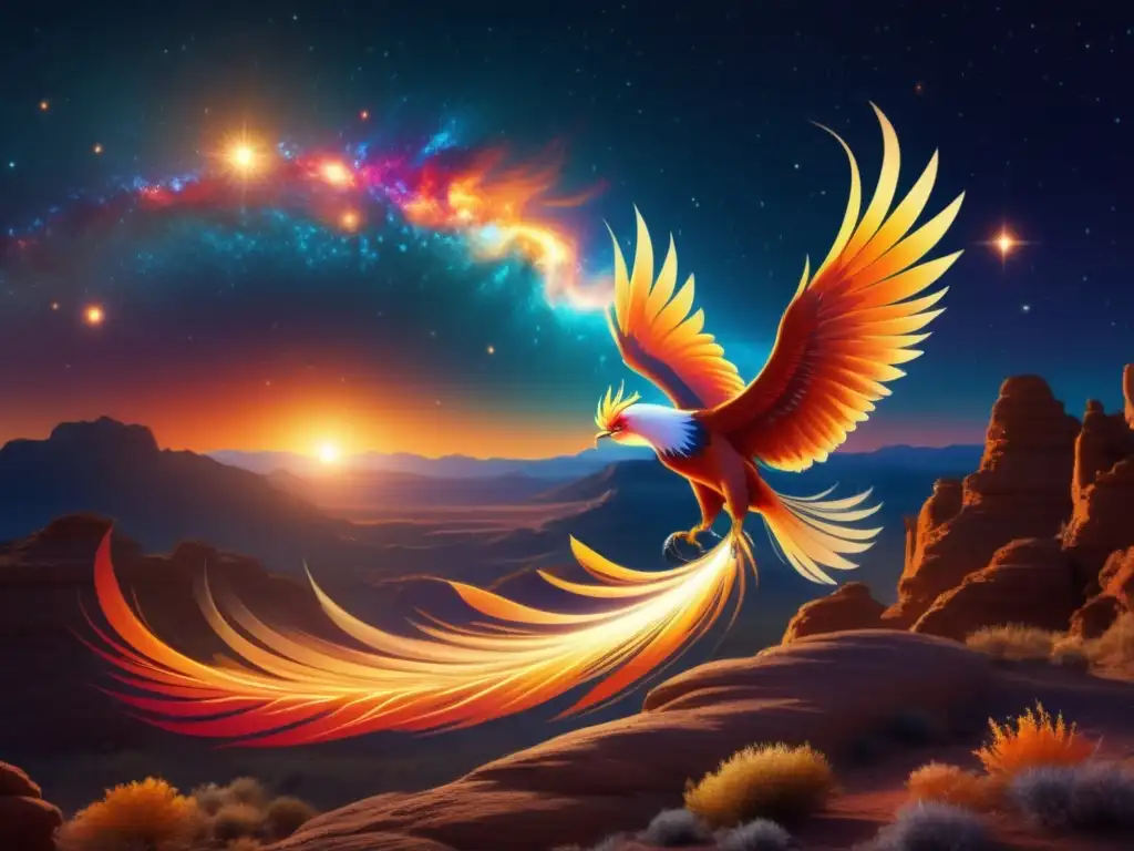 Paisaje celestial con fénix majestuoso, colores vibrantes, criaturas míticas y un origen mítico