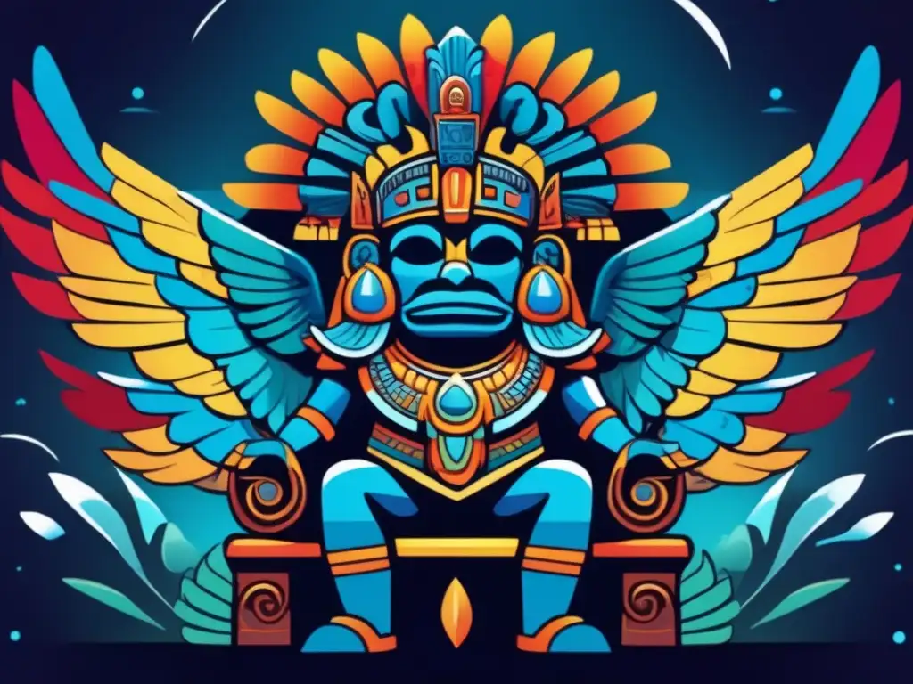 Tlaloc, dios lluvia tormentas mitología azteca, trono nubes, plumas vibrantes, poder agua, paisaje fértil, encanto y reverencia